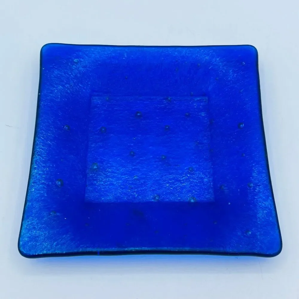 Dichroic Cobalt Blue Fused Glass Square Dish - Iridescent Rainbow Trinket Tray